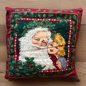 VINTAGE HAND SEWN 2 SIDED SANTA PILLOW 14x14” CHILDREN PRESENTS